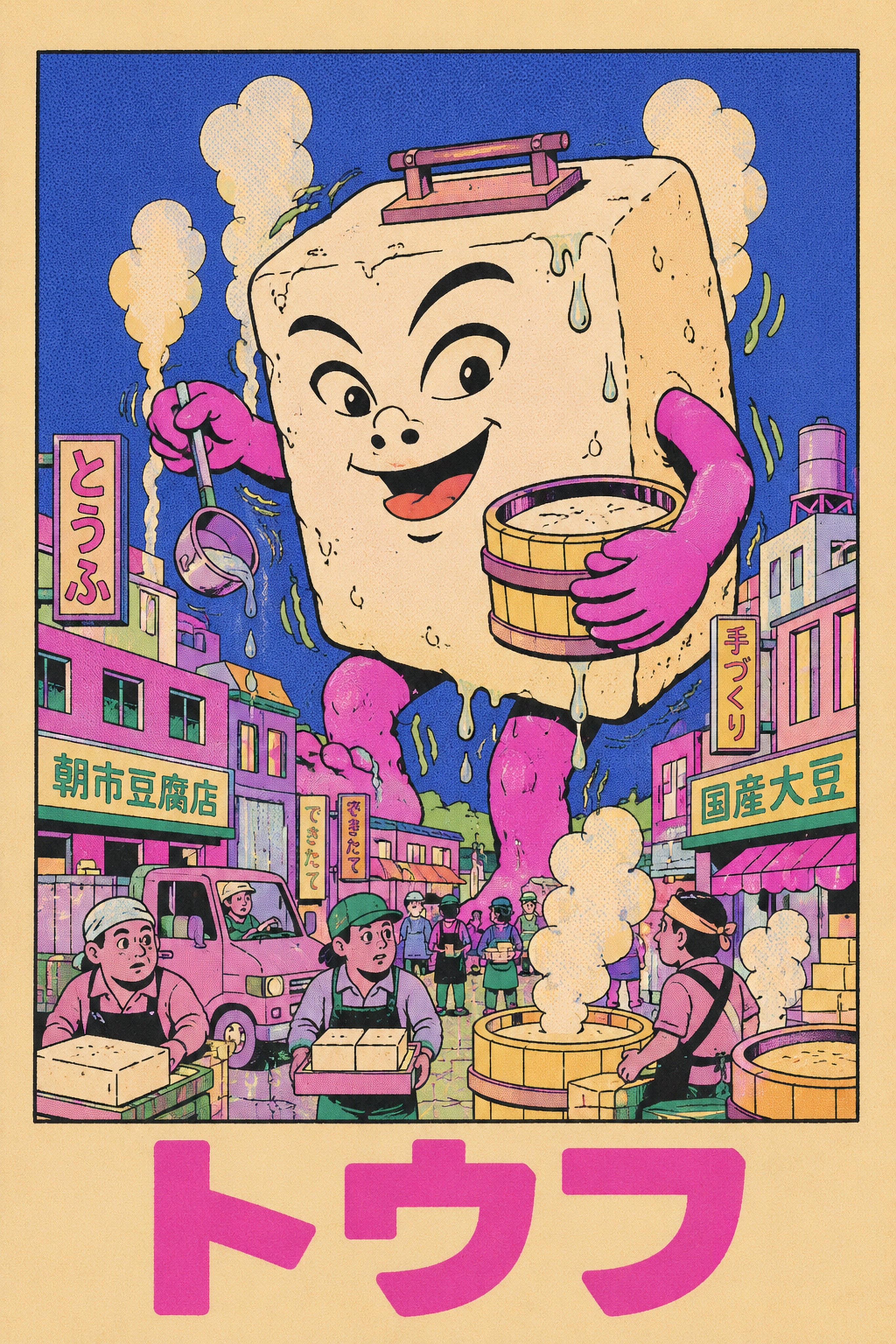 Kawaii Tofu Monster Japanese Poster, Vibrant Pop Art Print, Unique Japan Wall Art