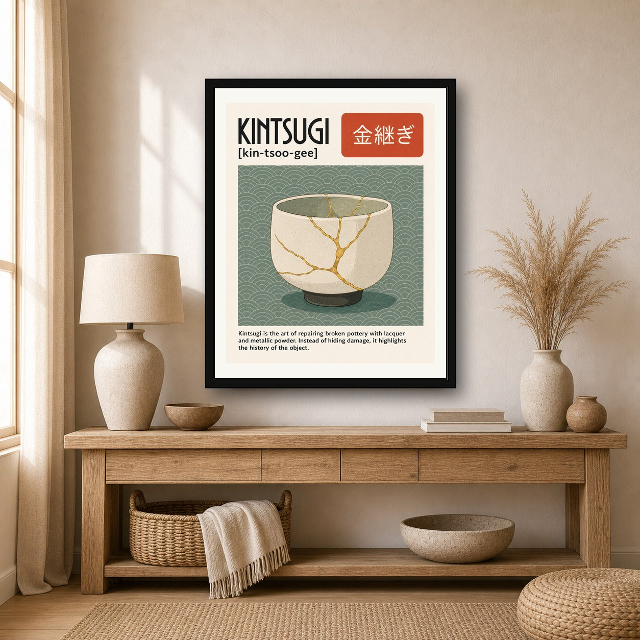 Kintsugi Art Print, Japanese Repair Wall Art, Gold Joinery Pottery Poster in Multiple Sizes - corrected 4x5 room mockup
