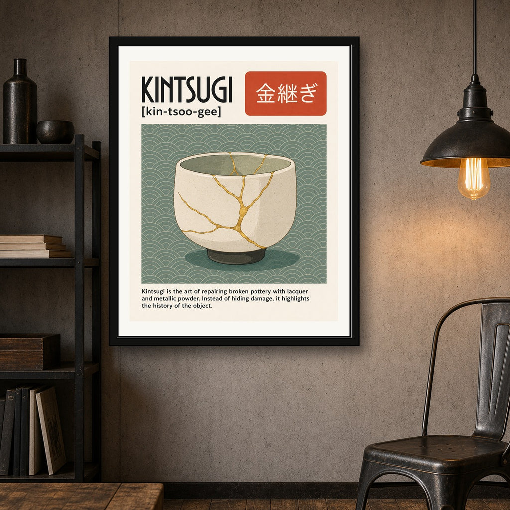 Kintsugi Art Print, Japanese Repair Wall Art, Gold Joinery Pottery Poster in Multiple Sizes - corrected 4x5 room mockup