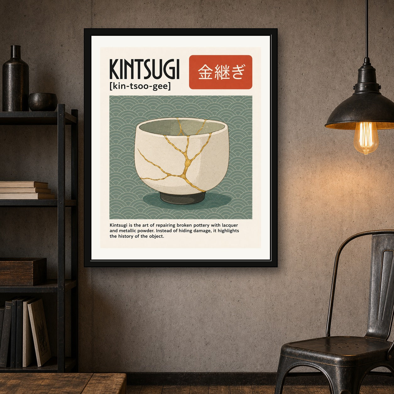 Kintsugi Art Print, Japanese Repair Wall Art, Gold Joinery Pottery Poster in Multiple Sizes - corrected 4x5 room mockup