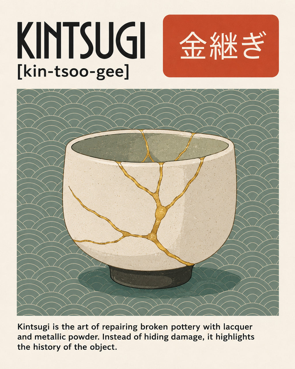 Kintsugi Art Print, Japanese Repair Wall Art, Gold Joinery Pottery Poster in Multiple Sizes - corrected 4x5 flat artwork