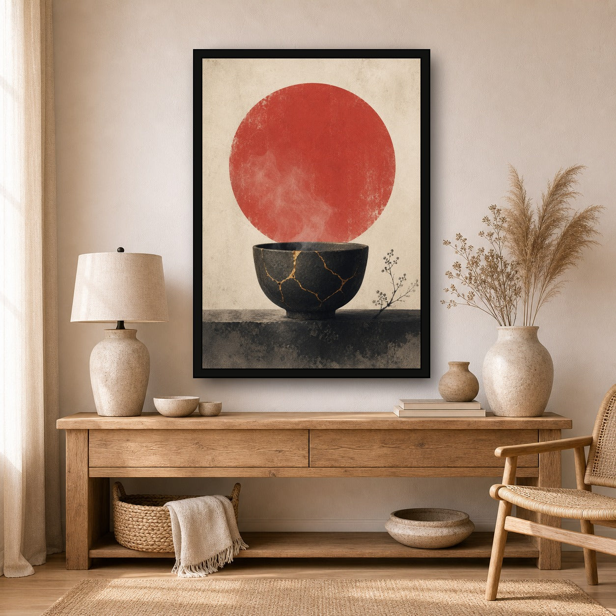 Kintsugi Bowl Red Sun Poster, Japanese Nature Wall Art, Matte Print - A room mockup