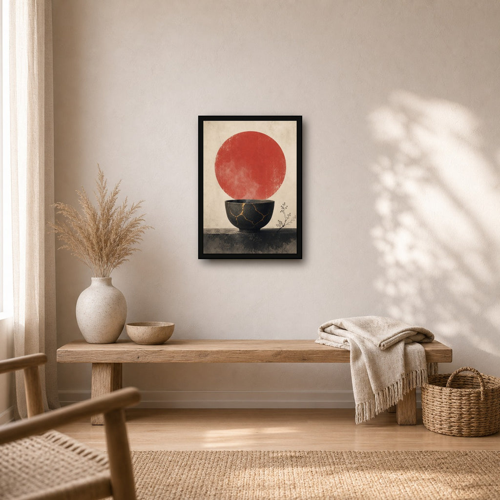 Kintsugi Bowl Red Sun Poster, Japanese Nature Wall Art, Matte Print - A room mockup