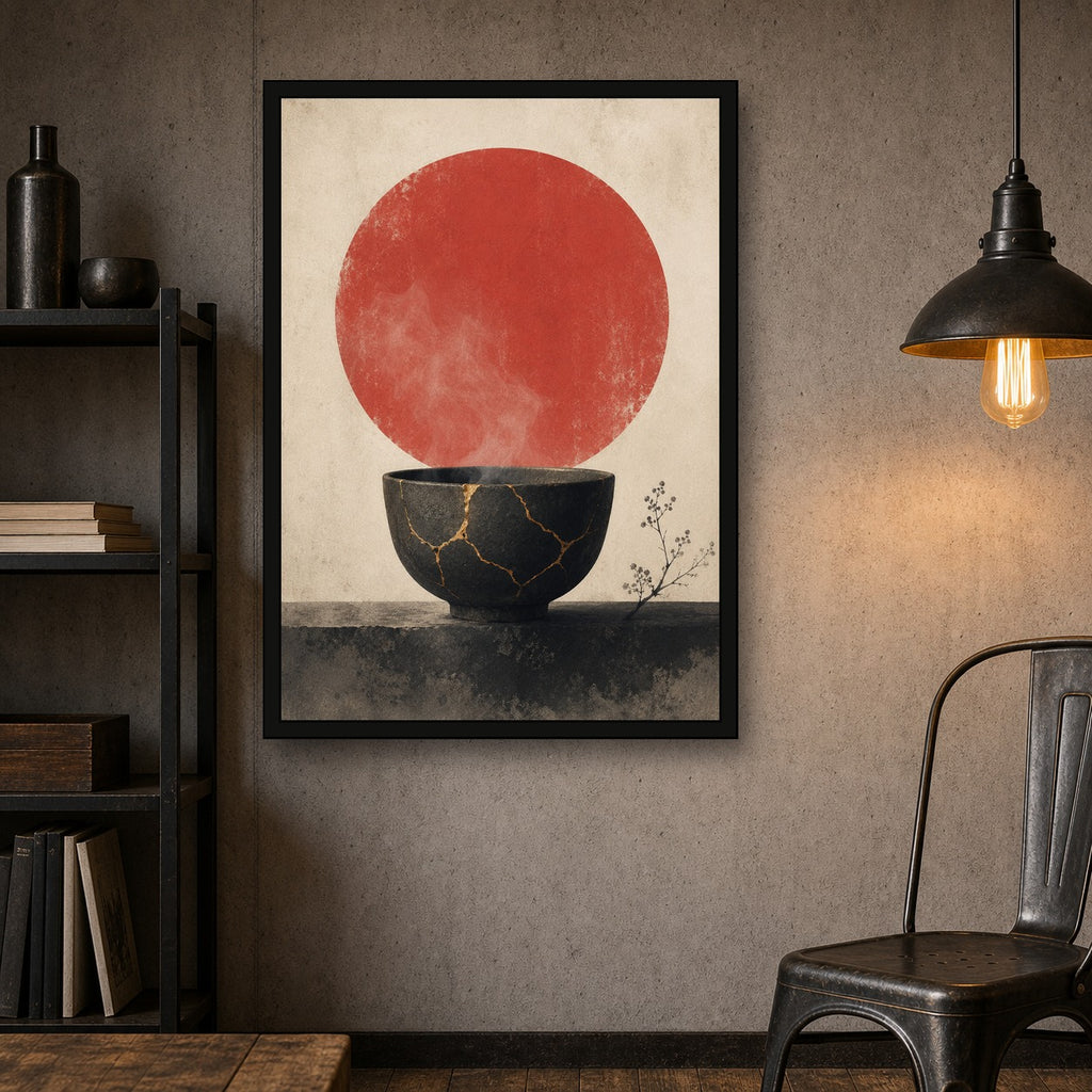 Kintsugi Bowl Red Sun Poster, Japanese Nature Wall Art, Matte Print - A room mockup