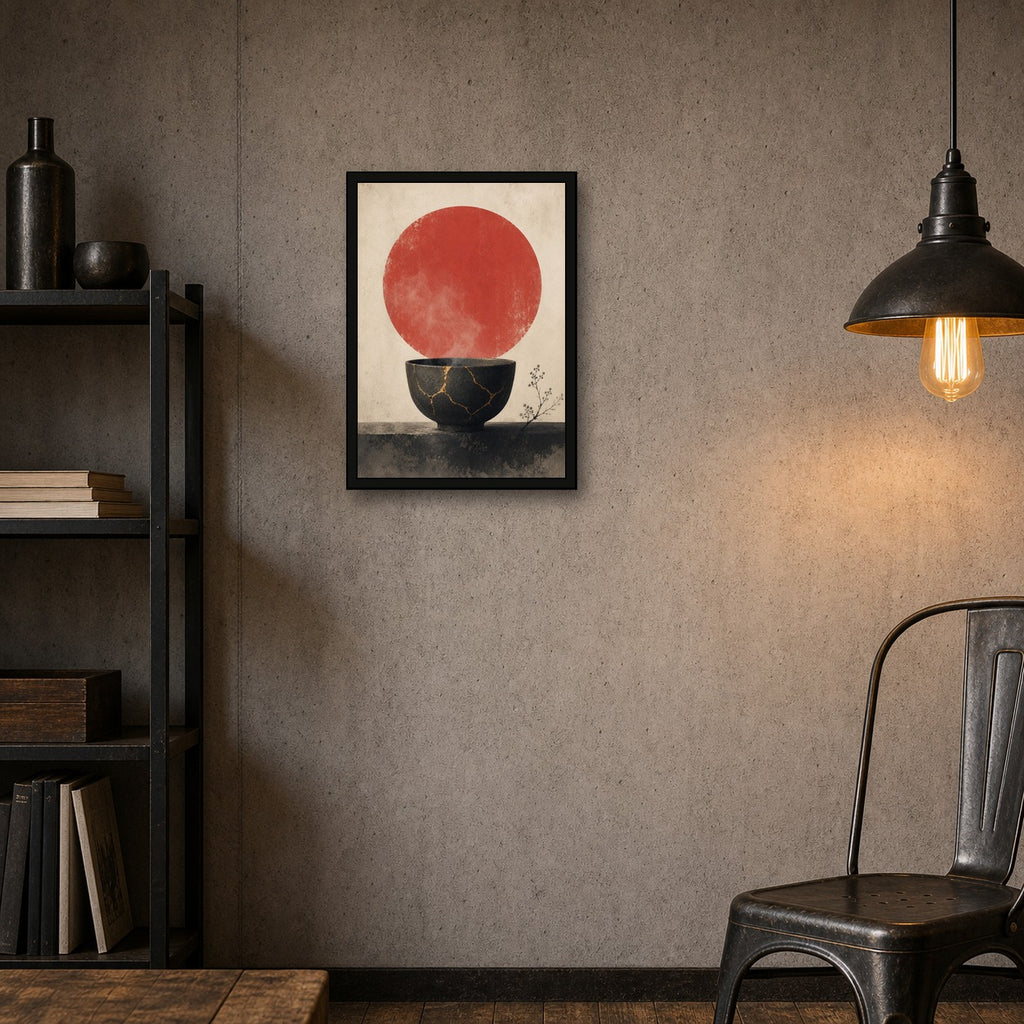 Kintsugi Bowl Red Sun Poster, Japanese Nature Wall Art, Matte Print - A room mockup