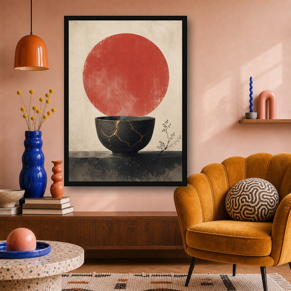 Kintsugi Bowl Red Sun Poster, Japanese Nature Wall Art, Matte Print - A room mockup
