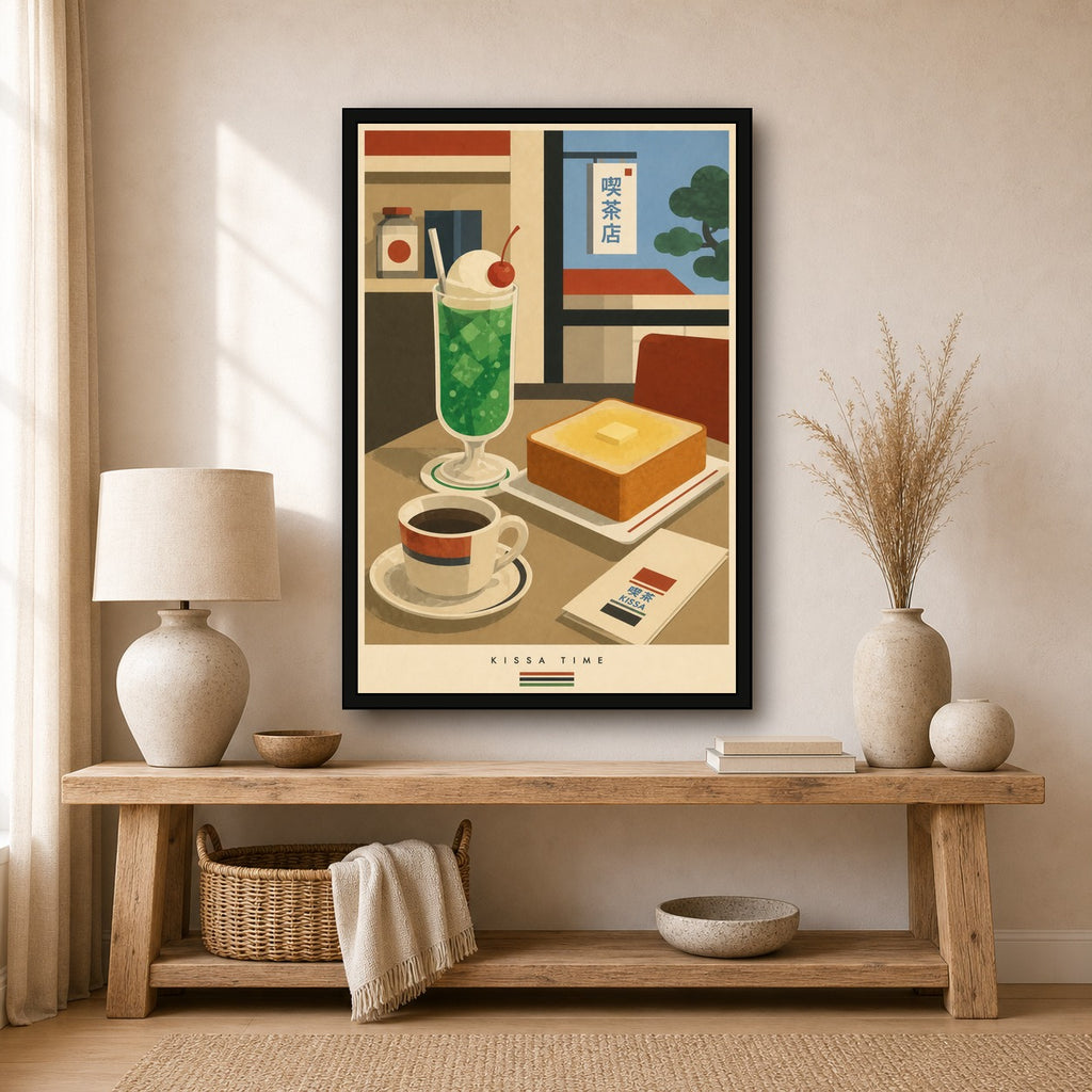 Kissa Time Japanese Retro Poster Print - 2x3 room mockup