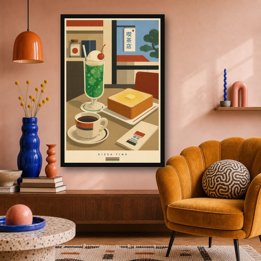 Kissa Time Japanese Retro Poster Print - 2x3 room mockup