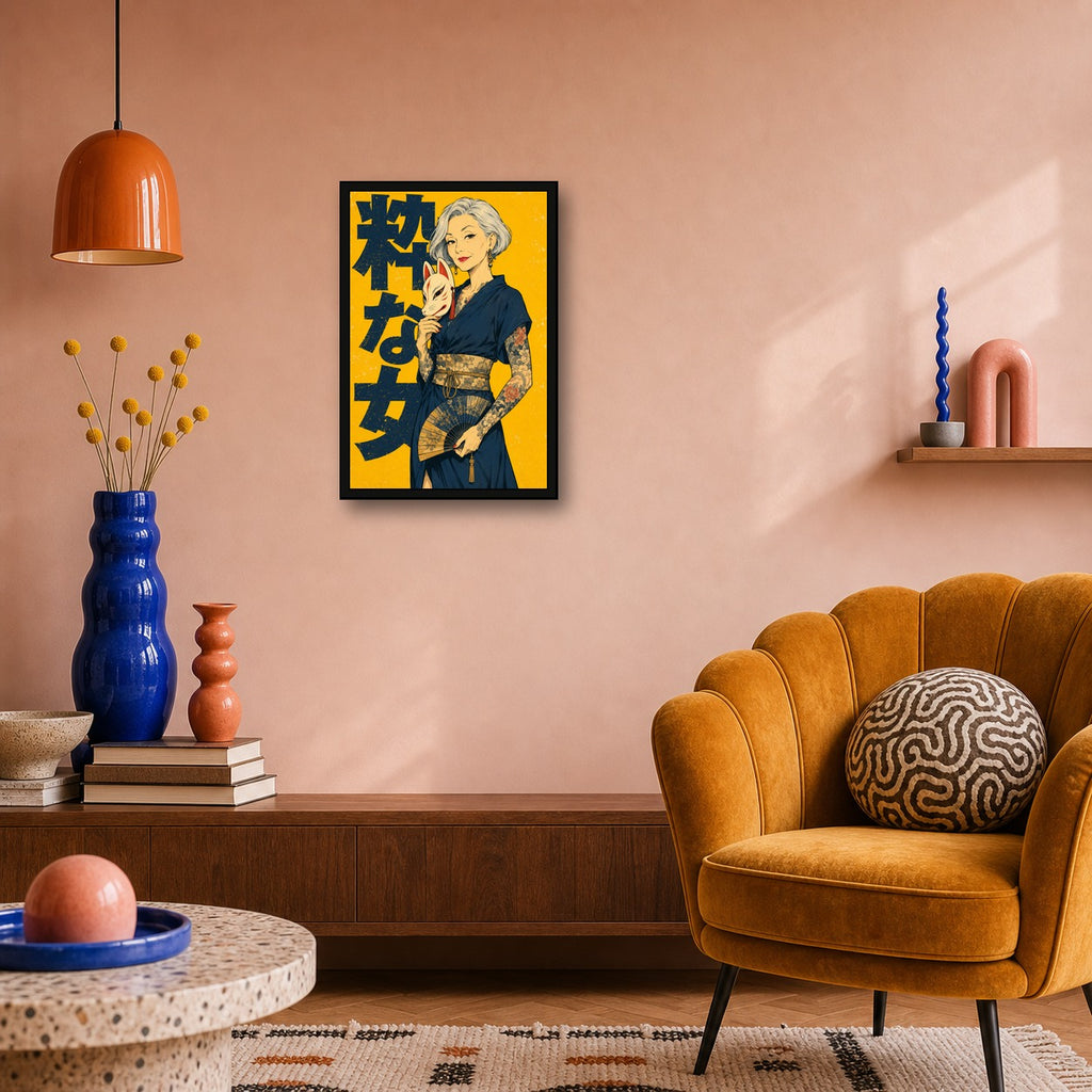 Kitsune Mask Woman Japanese Retro Poster Print - 2x3 room mockup