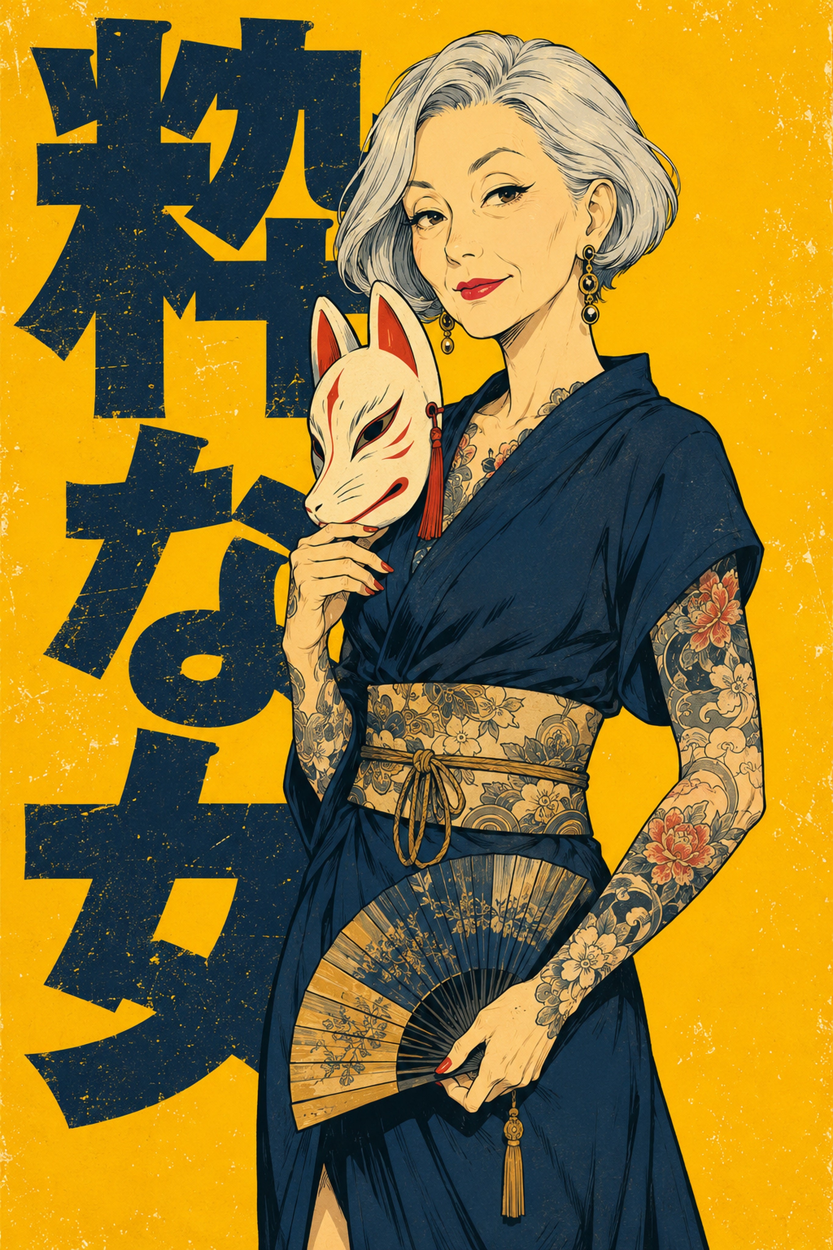 Kitsune Mask Woman Japanese Retro Poster Print