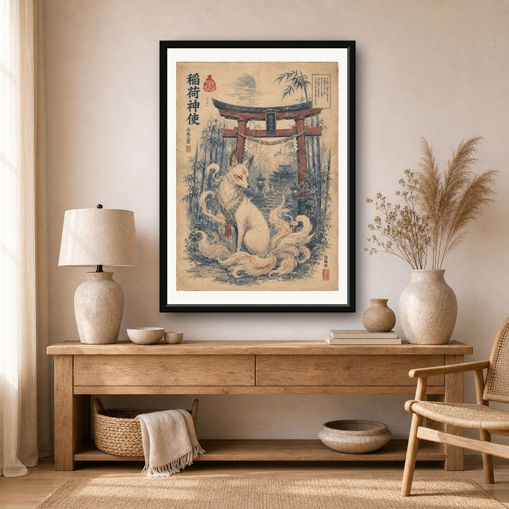 Kitsune Torii Gate Spirit Japanese Retro Poster Print - corrected A room mockup