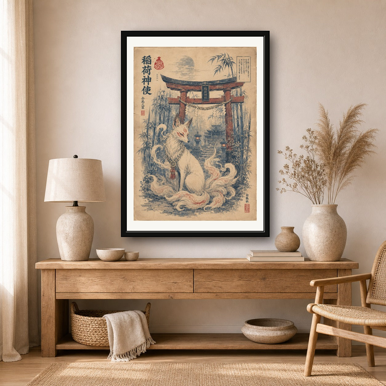 Kitsune Torii Gate Spirit Japanese Retro Poster Print - corrected A room mockup