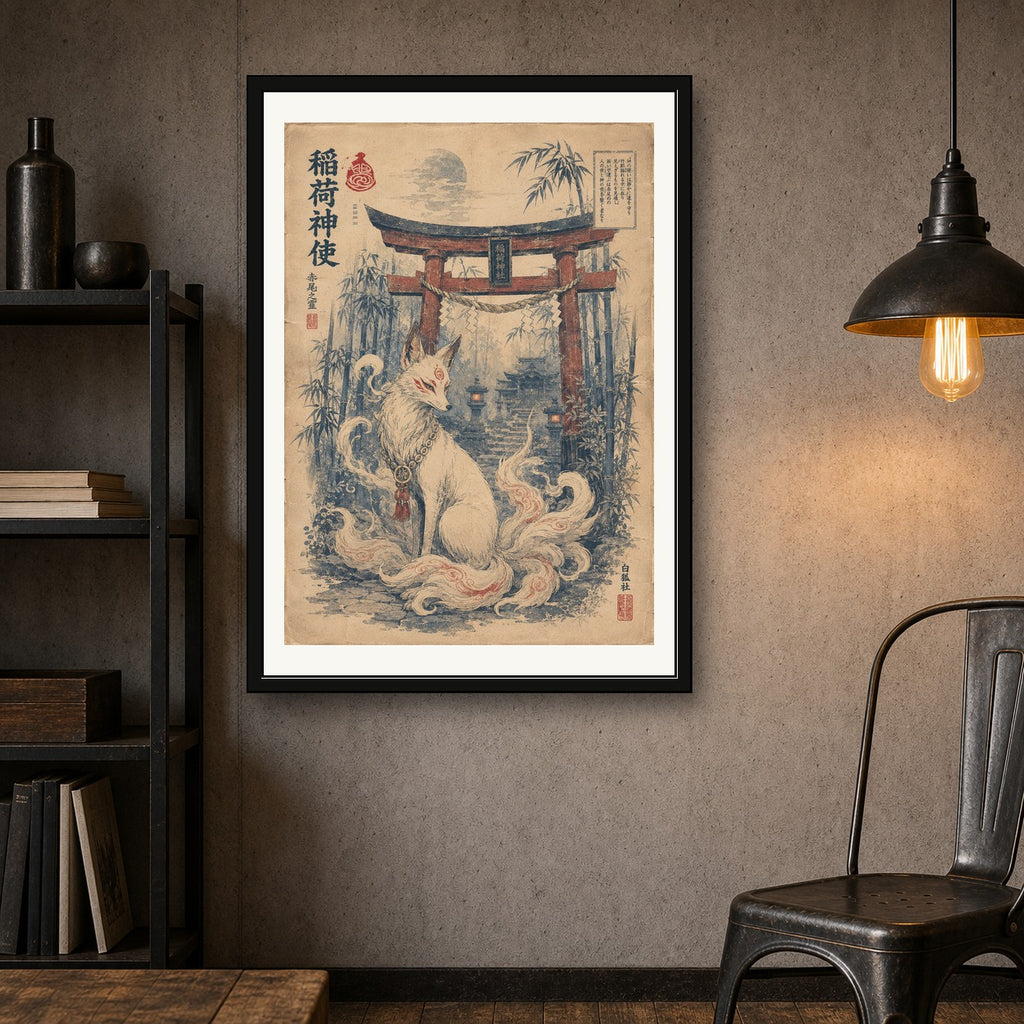 Kitsune Torii Gate Spirit Japanese Retro Poster Print - corrected A room mockup