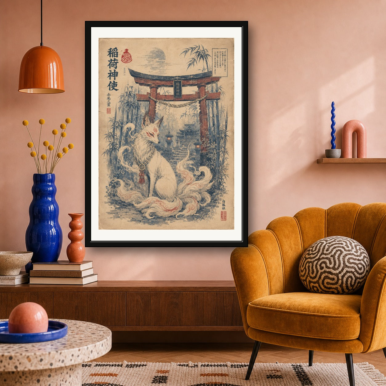 Kitsune Torii Gate Spirit Japanese Retro Poster Print - corrected A room mockup