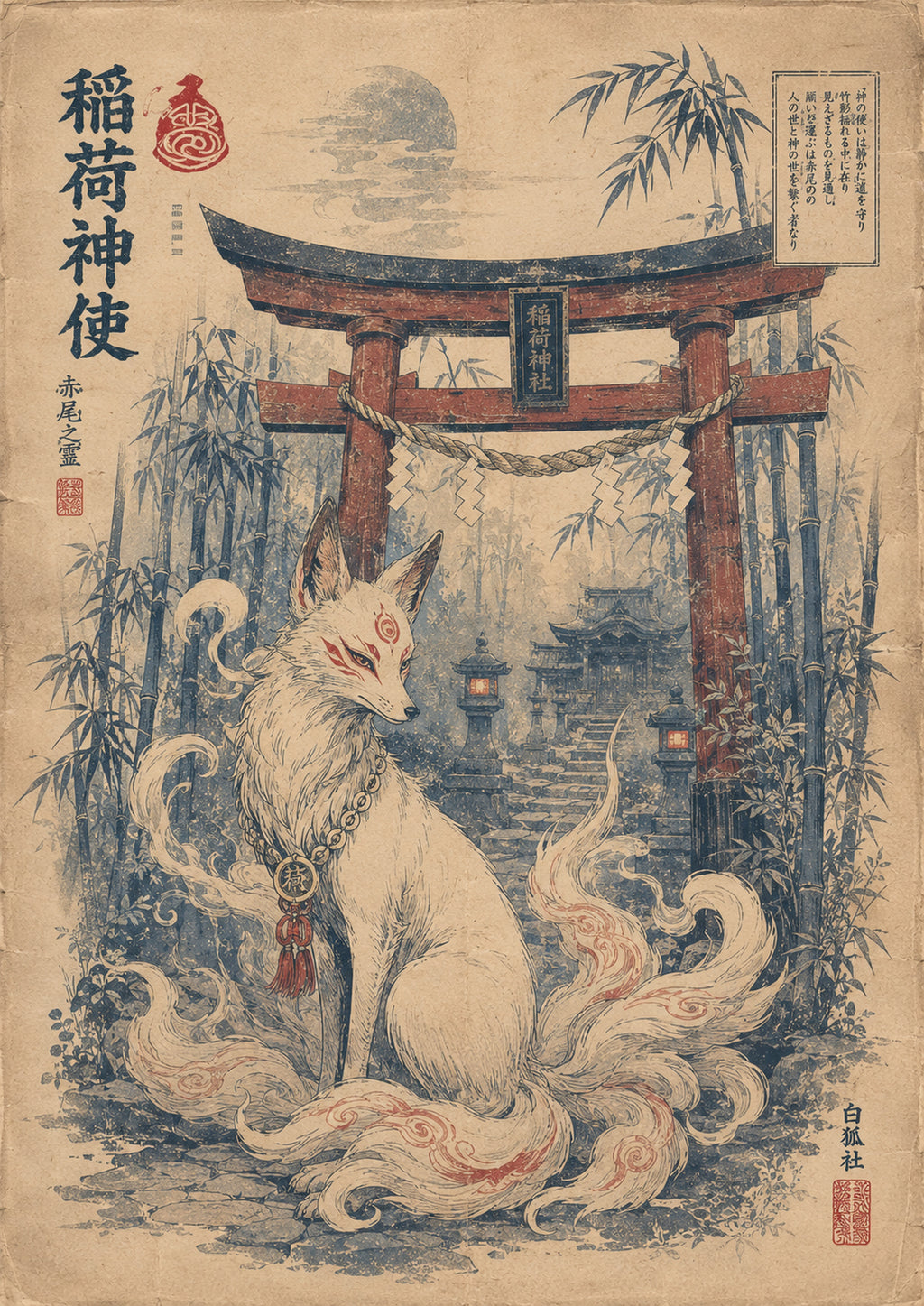 Kitsune Torii Gate Spirit Japanese Retro Poster Print - corrected A flat artwork