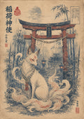 Kitsune Torii Gate Spirit Japanese Retro Poster Print - corrected A flat artwork