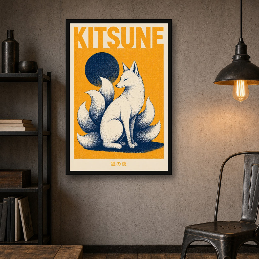 Kitsune Yellow Poster Japanese Retro Poster Print - 2x3 room mockup