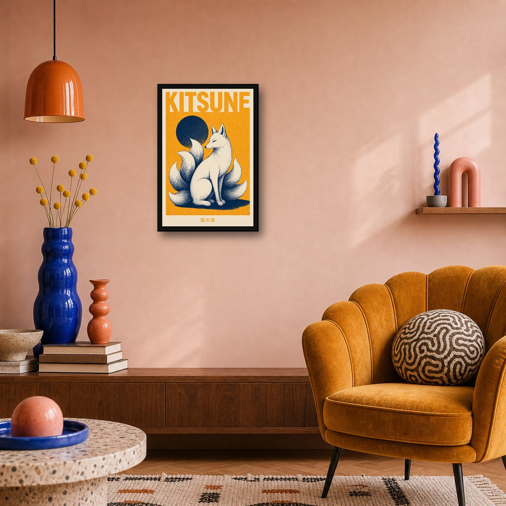 Kitsune Yellow Poster Japanese Retro Poster Print - 2x3 room mockup