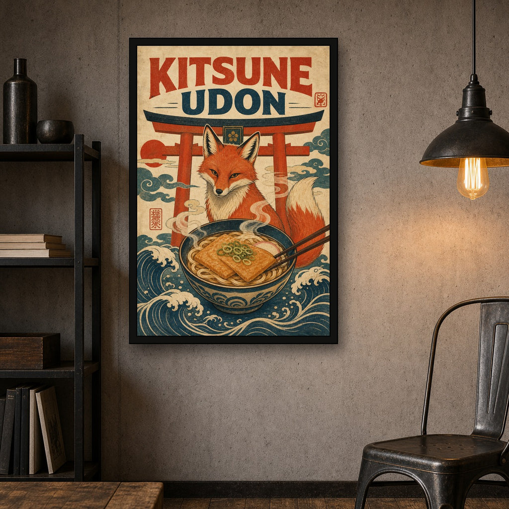 Kitsuneudon Japanese Retro Poster Print - 2x3 room mockup
