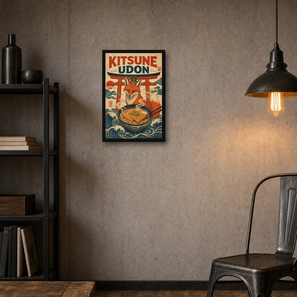 Kitsuneudon Japanese Retro Poster Print - 2x3 room mockup