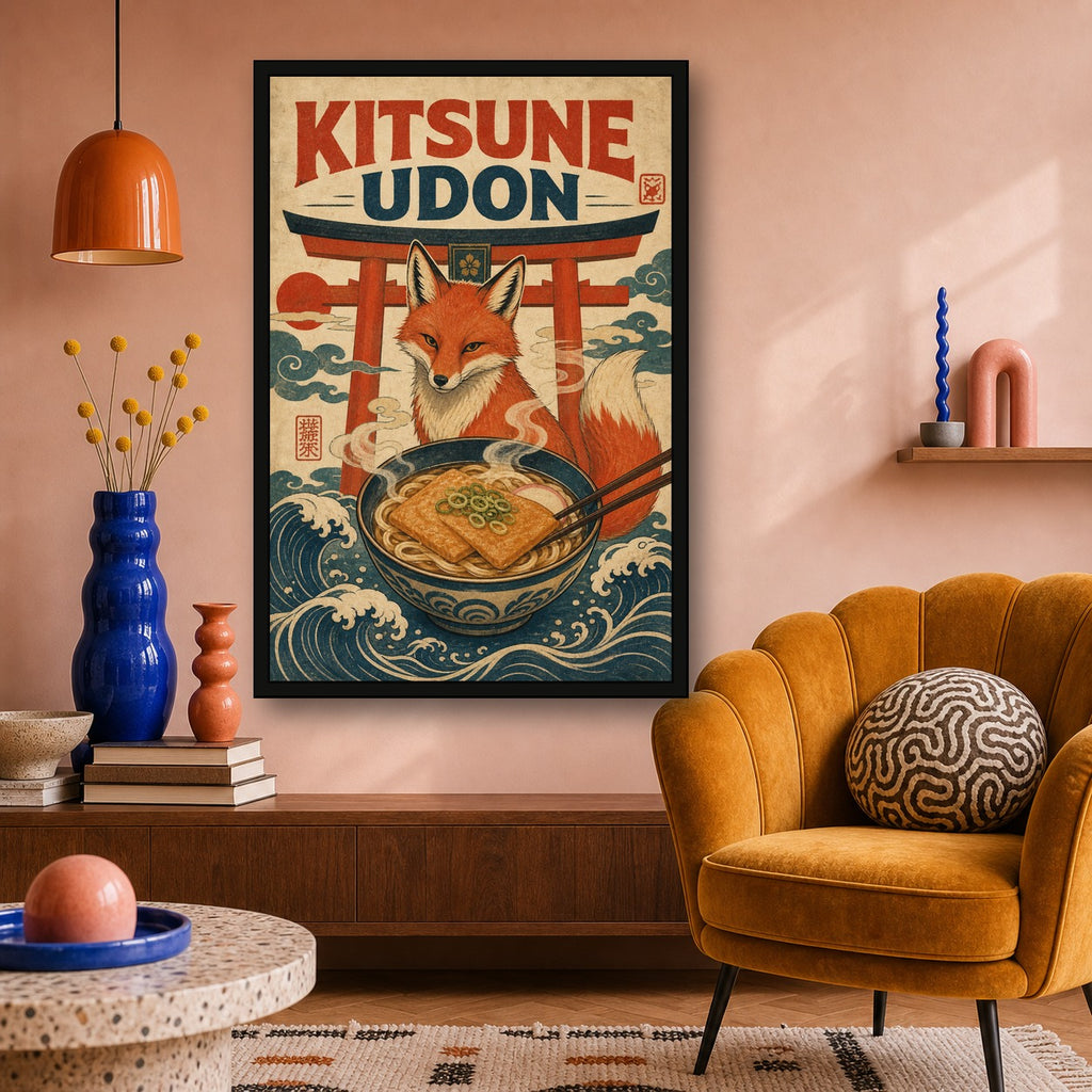 Kitsuneudon Japanese Retro Poster Print - 2x3 room mockup