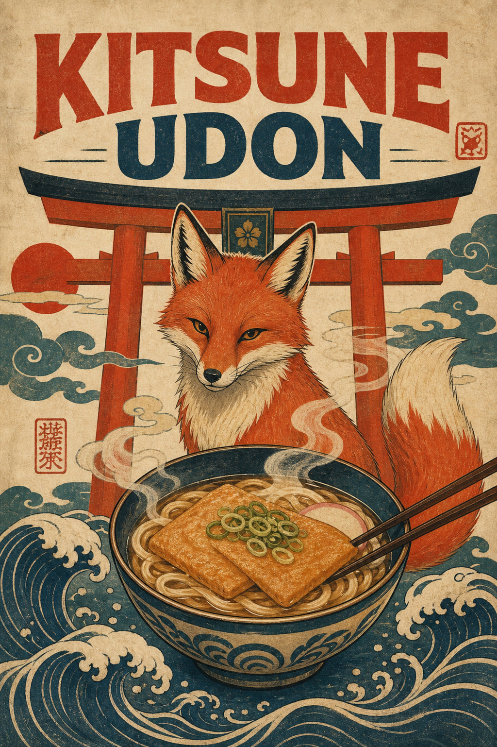 Kitsuneudon Japanese Retro Poster Print