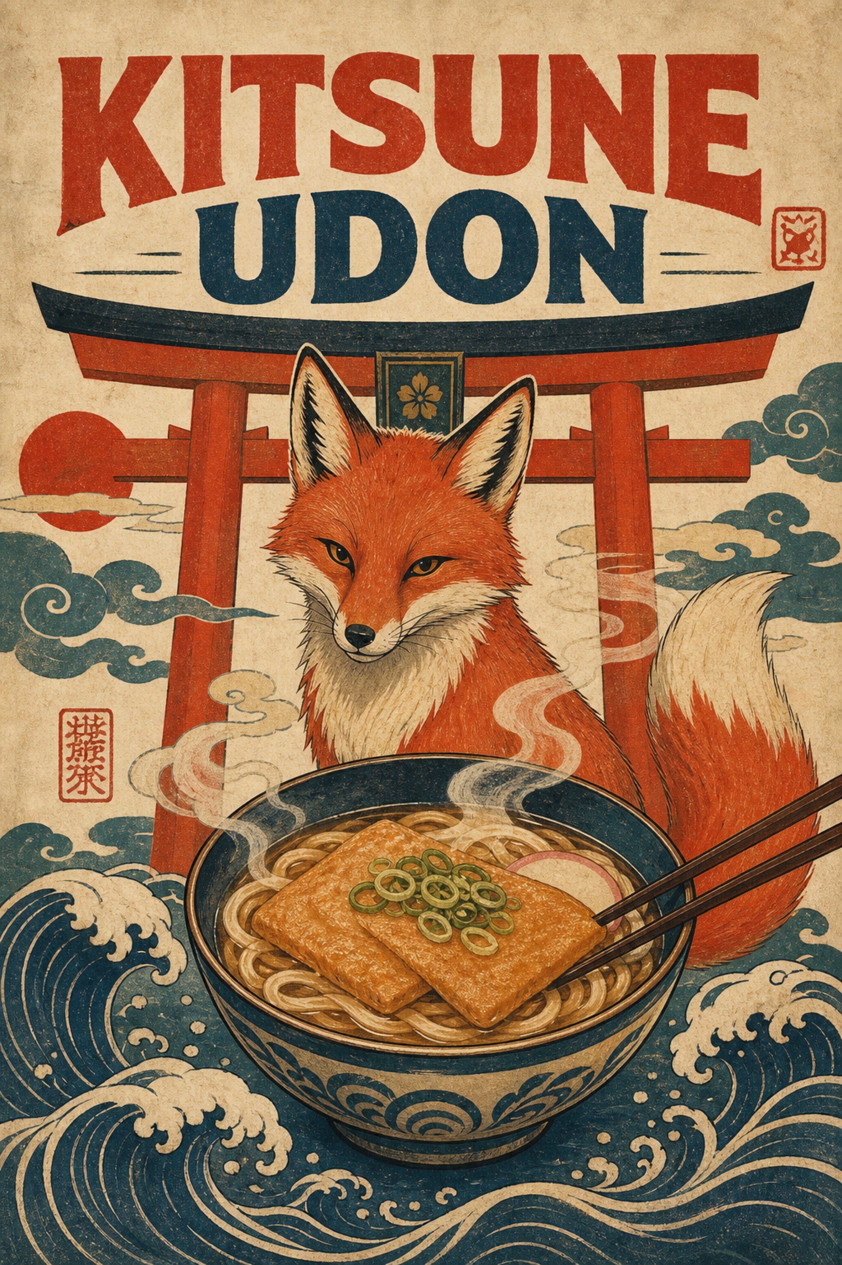 Kitsuneudon Japanese Retro Poster Print