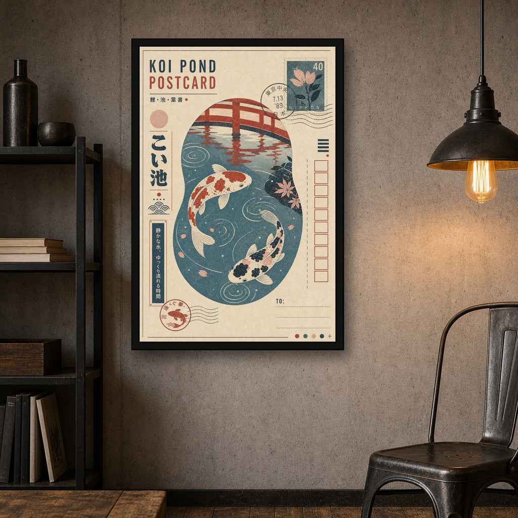 Koi Pond Postcard Japanese Retro Poster Print - 2x3 room mockup