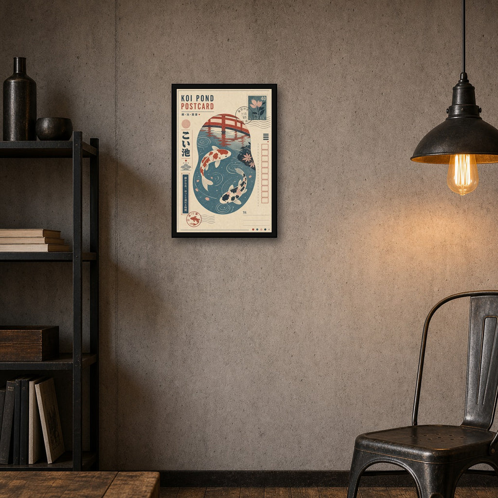 Koi Pond Postcard Japanese Retro Poster Print - 2x3 room mockup