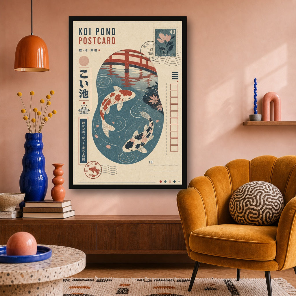 Koi Pond Postcard Japanese Retro Poster Print - 2x3 room mockup