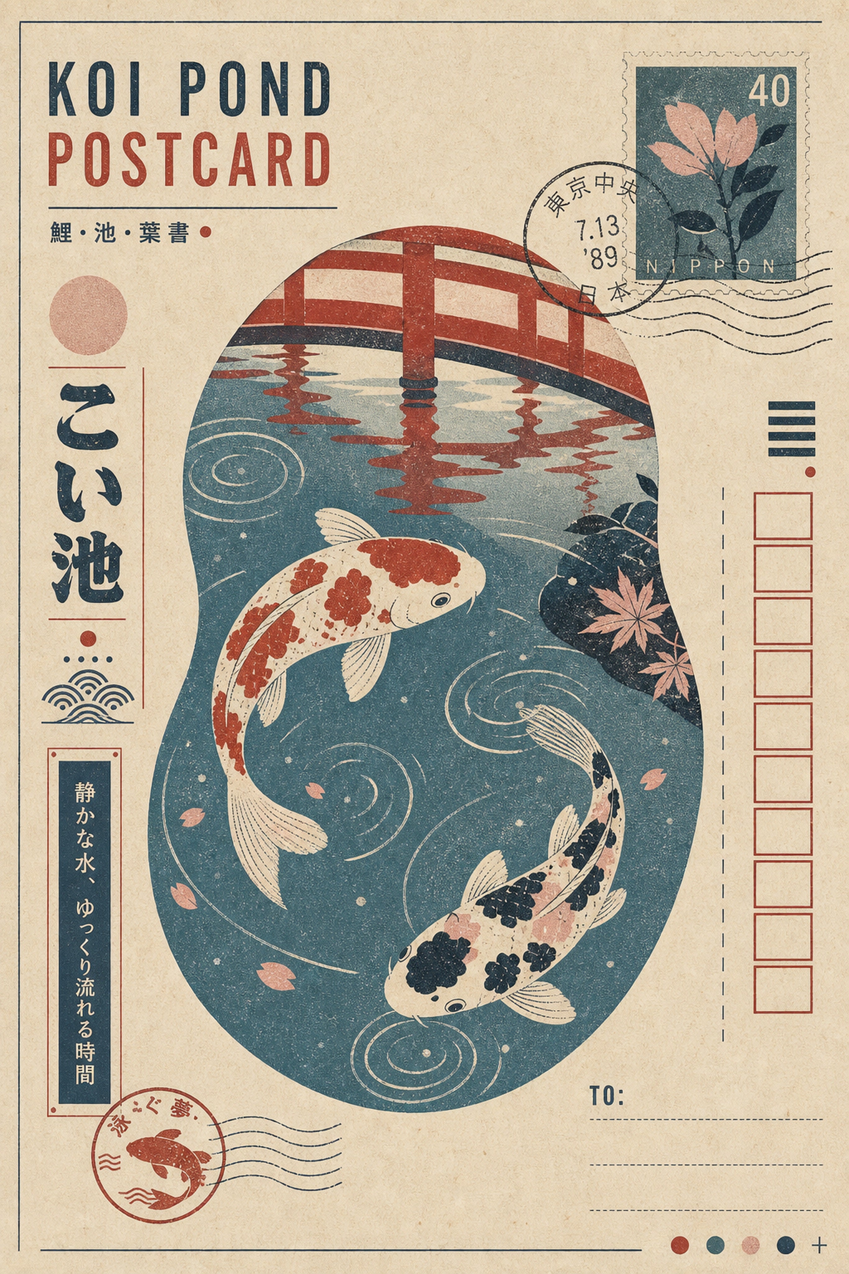 Koi Pond Postcard Japanese Retro Poster Print