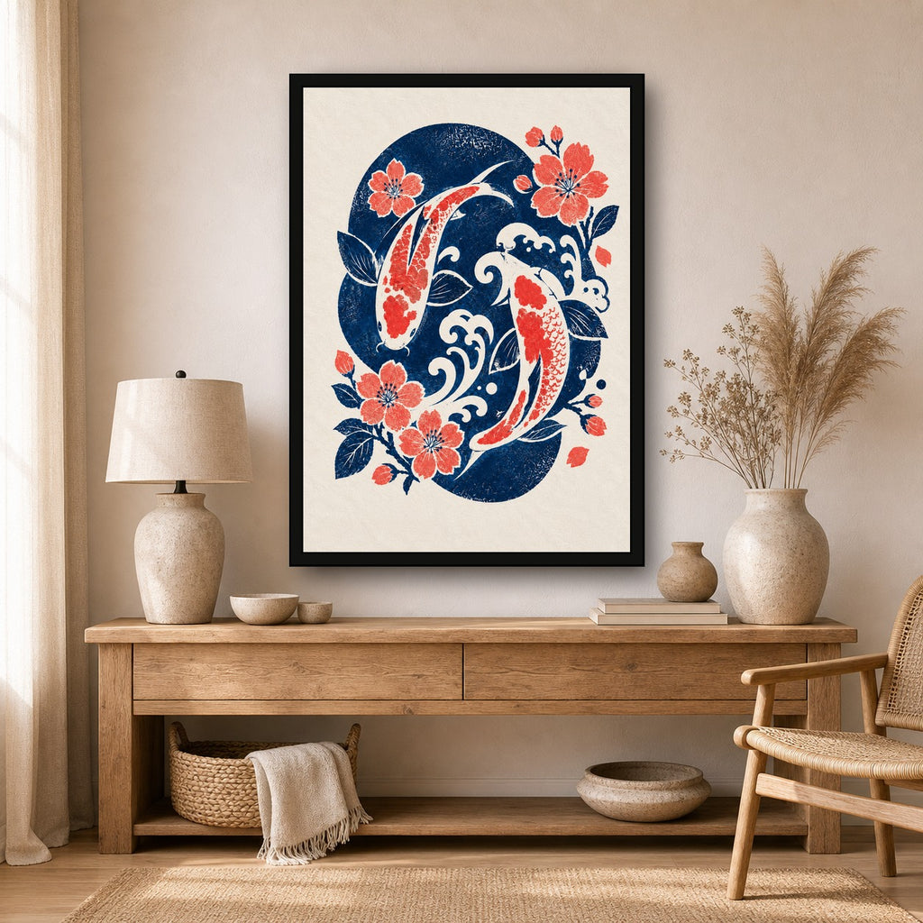 Koi Wave Sakura Japanese Retro Poster Print - A room mockup