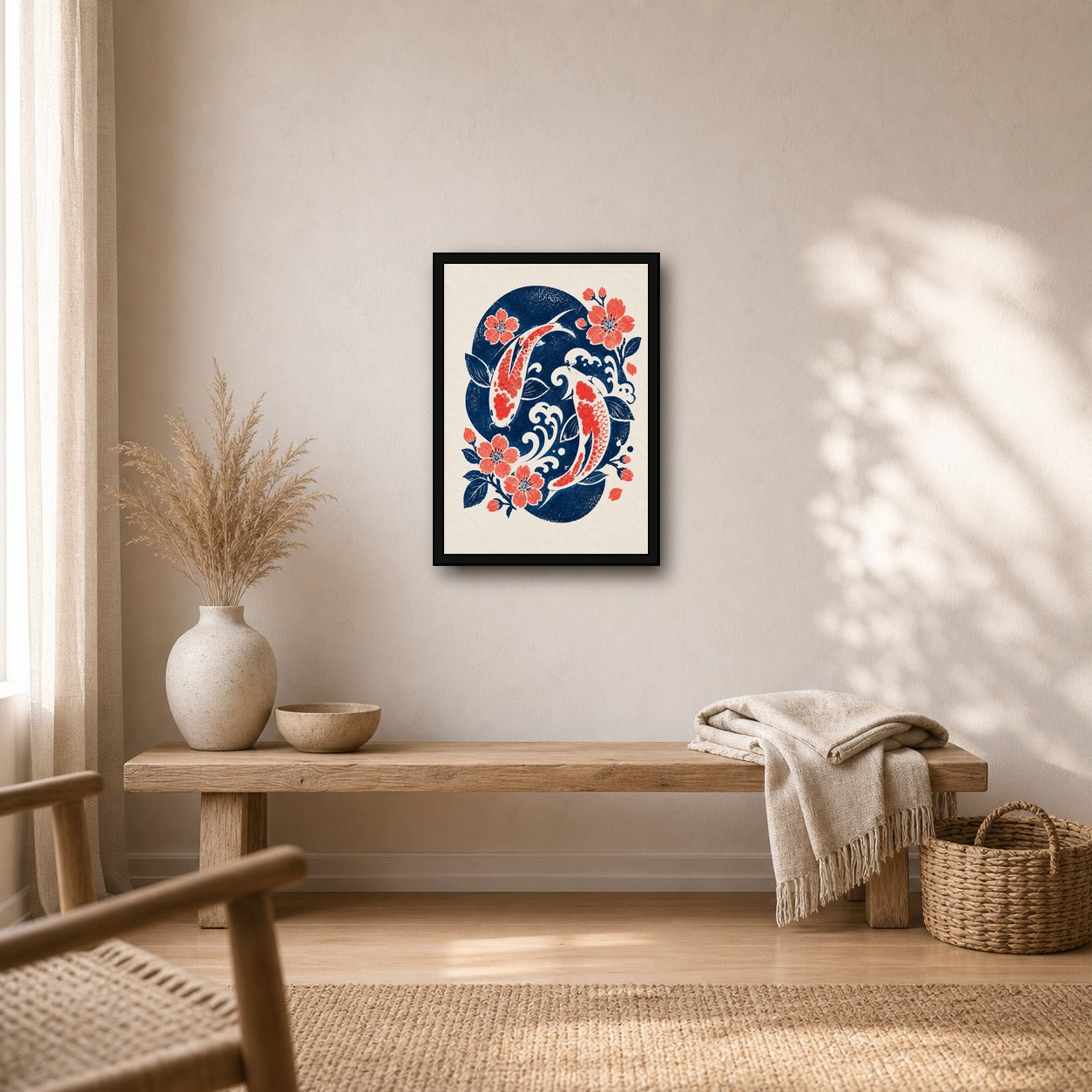 Koi Wave Sakura Japanese Retro Poster Print - A room mockup