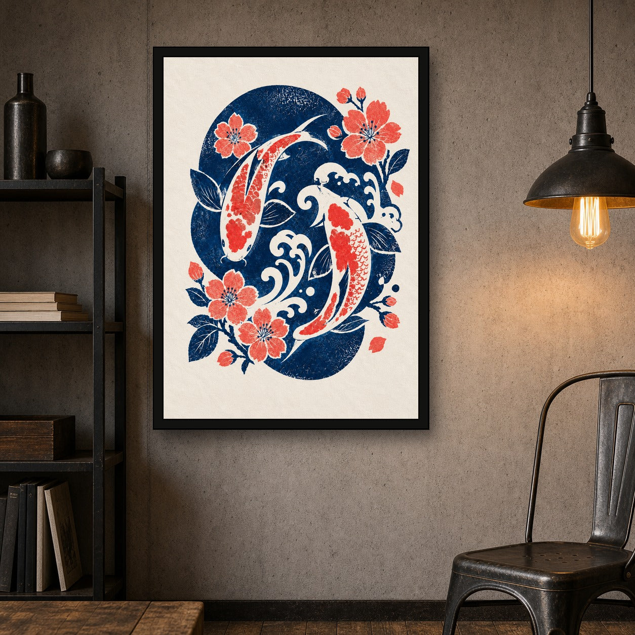 Koi Wave Sakura Japanese Retro Poster Print - A room mockup