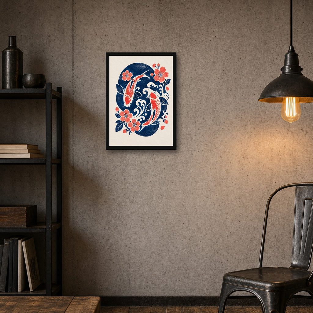Koi Wave Sakura Japanese Retro Poster Print - A room mockup