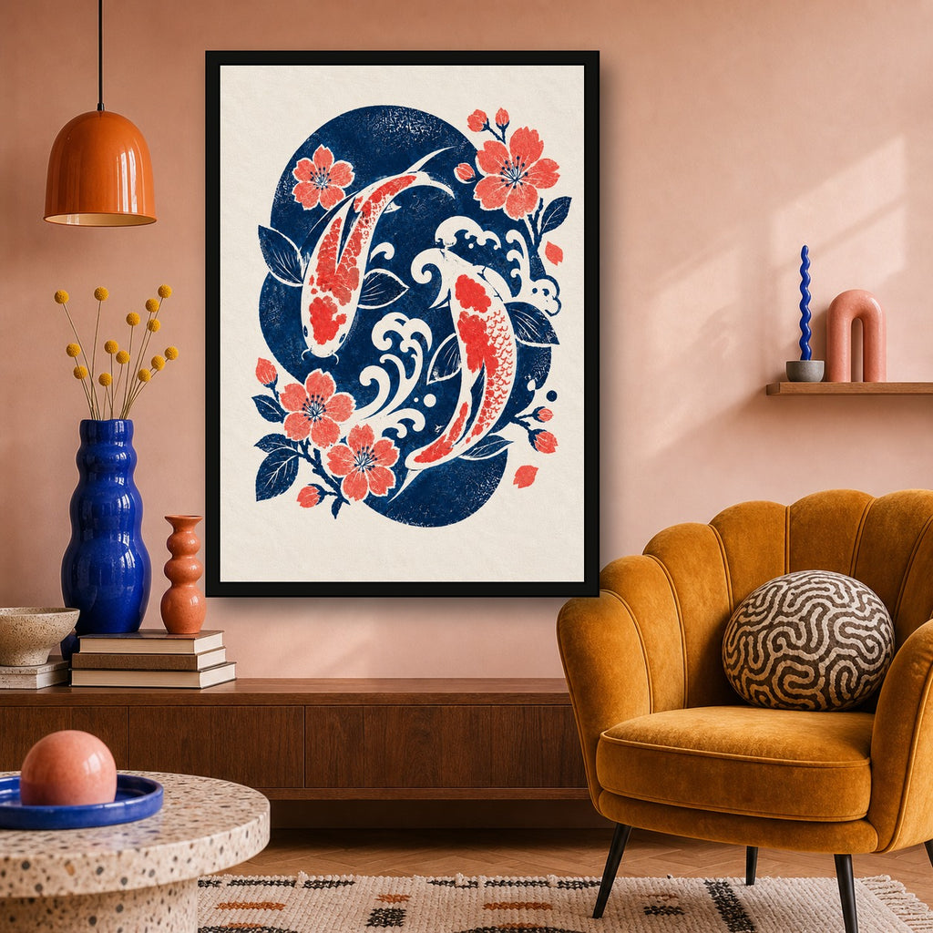 Koi Wave Sakura Japanese Retro Poster Print - A room mockup