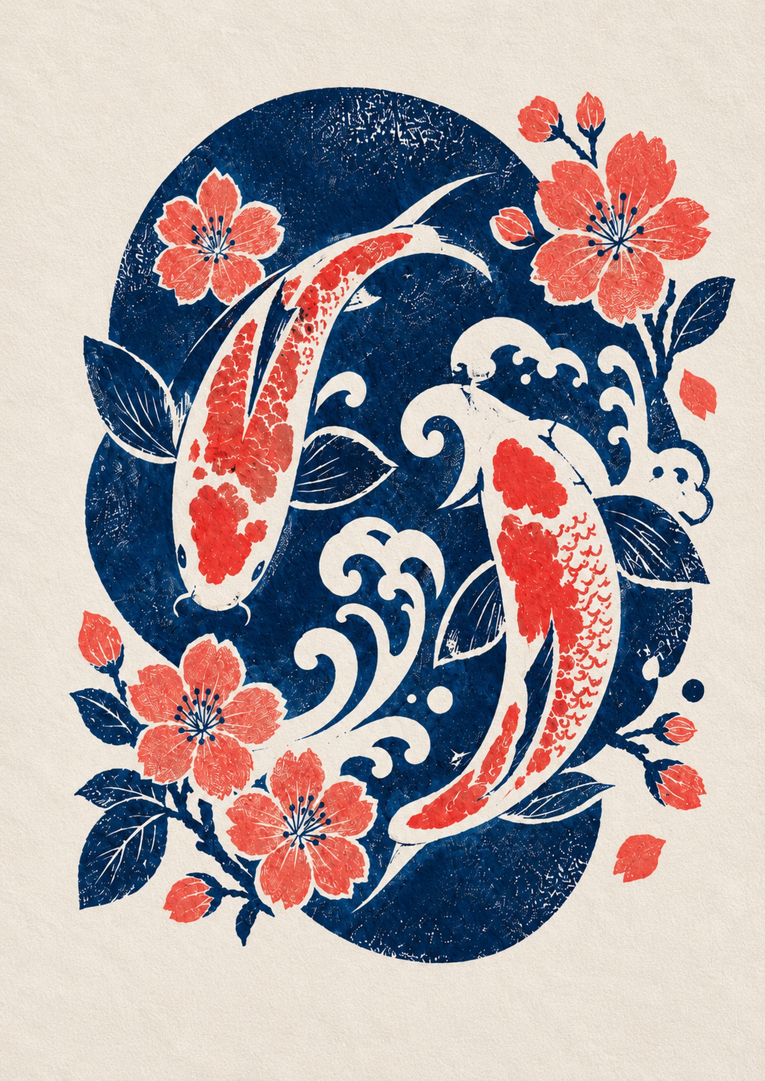 Koi Wave Sakura Japanese Retro Poster Print