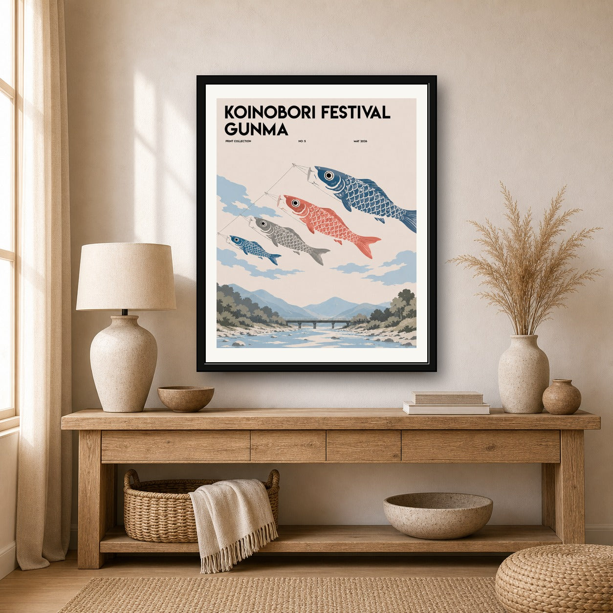 Koinobori Festival Poster, Gunma Japan Art, Japanese Carp Streamer Print, Serene Cultural Wall Decor - corrected 4x5 room mockup