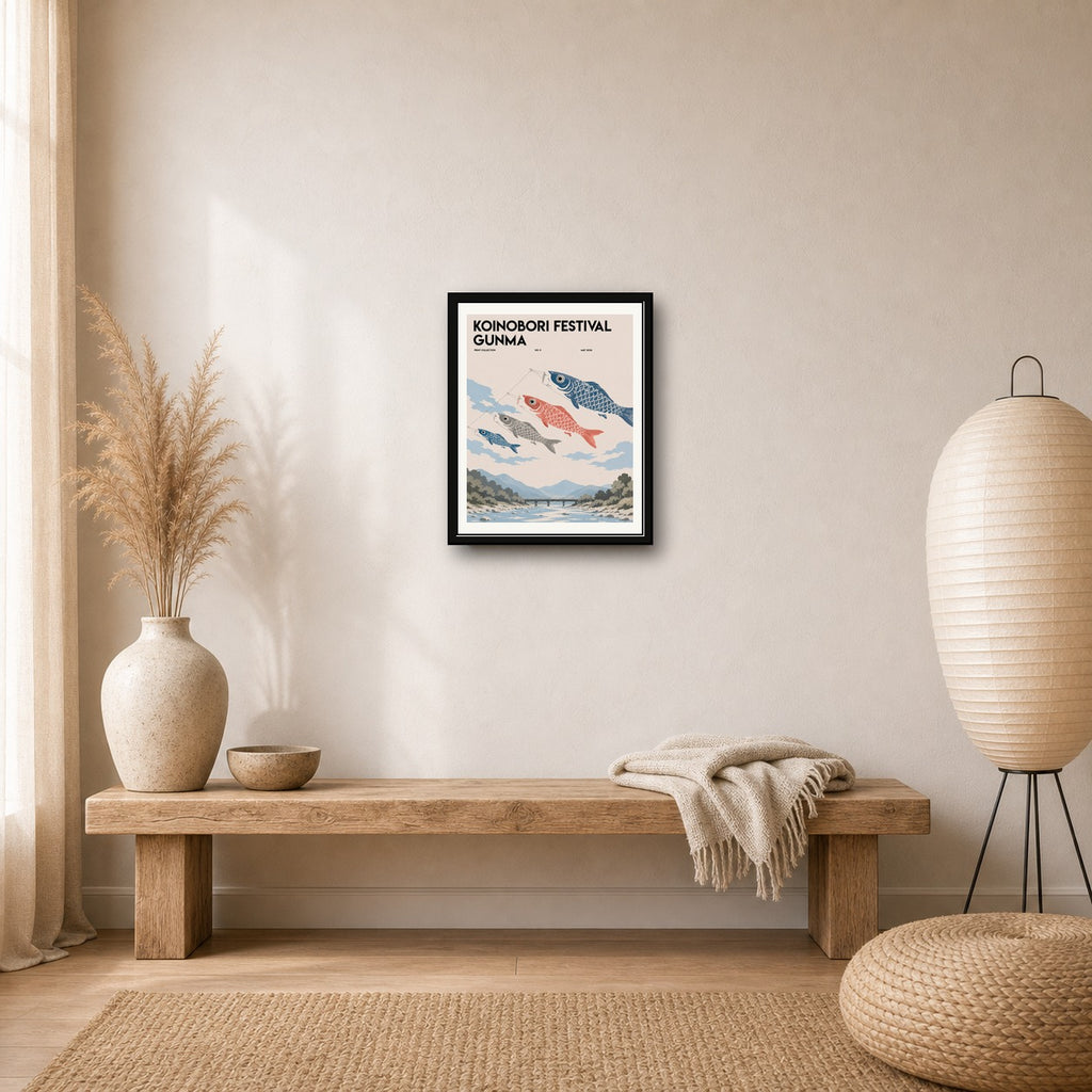 Koinobori Festival Poster, Gunma Japan Art, Japanese Carp Streamer Print, Serene Cultural Wall Decor - corrected 4x5 room mockup