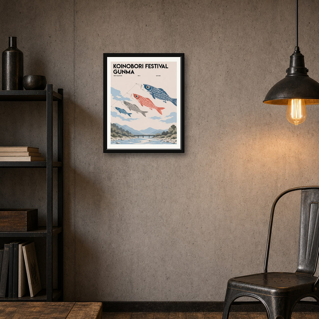 Koinobori Festival Poster, Gunma Japan Art, Japanese Carp Streamer Print, Serene Cultural Wall Decor - corrected 4x5 room mockup