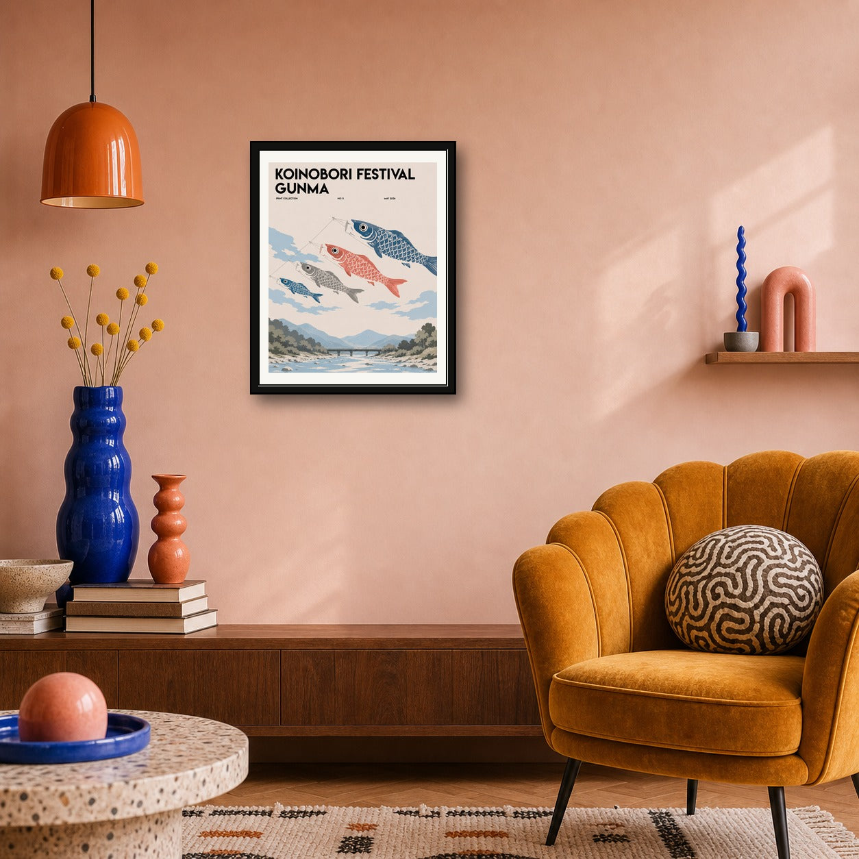 Koinobori Festival Poster, Gunma Japan Art, Japanese Carp Streamer Print, Serene Cultural Wall Decor - corrected 4x5 room mockup