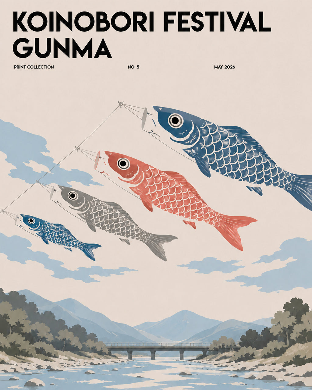 Koinobori Festival Poster, Gunma Japan Art, Japanese Carp Streamer Print, Serene Cultural Wall Decor - corrected 4x5 flat artwork