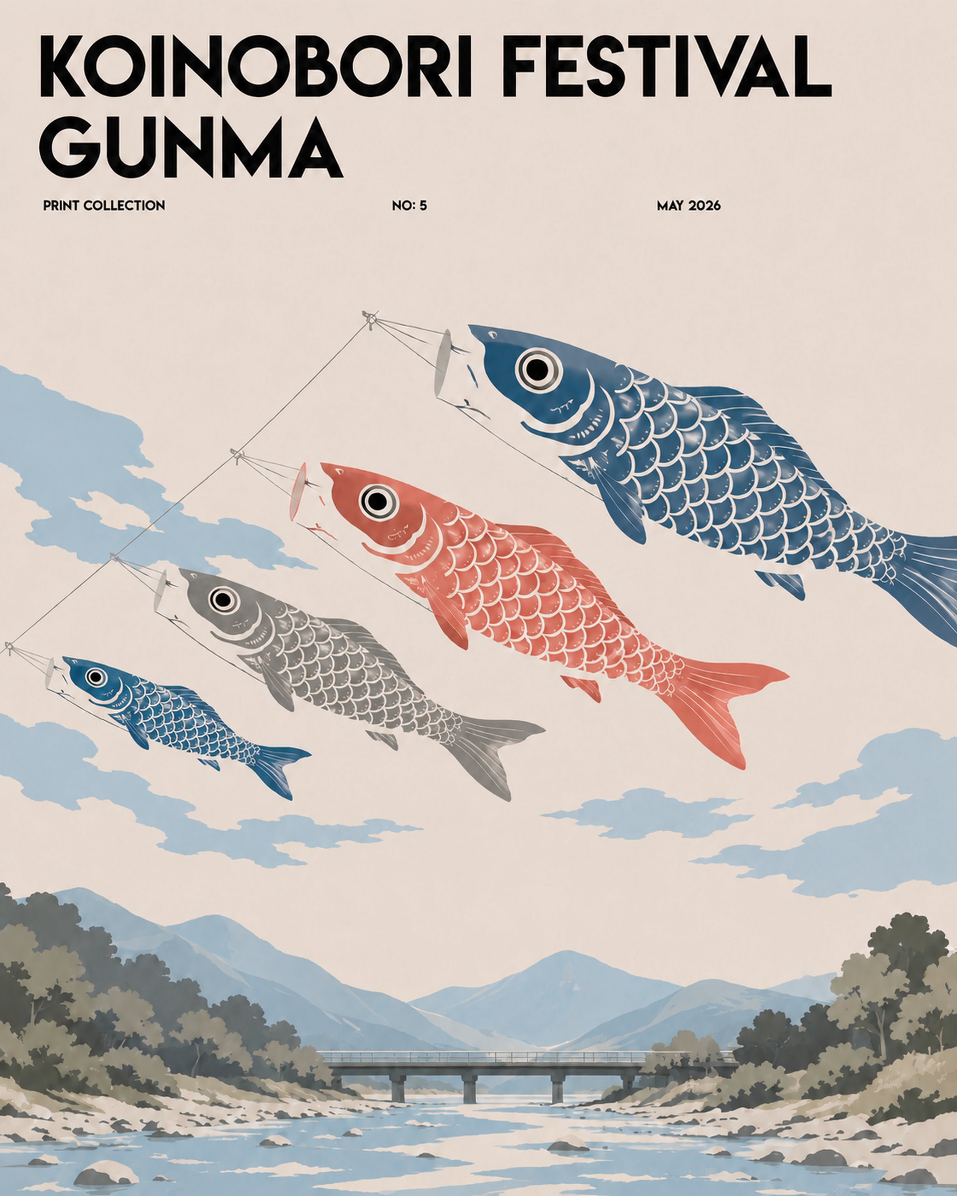 Koinobori Festival Poster, Gunma Japan Art, Japanese Carp Streamer Print, Serene Cultural Wall Decor - corrected 4x5 flat artwork
