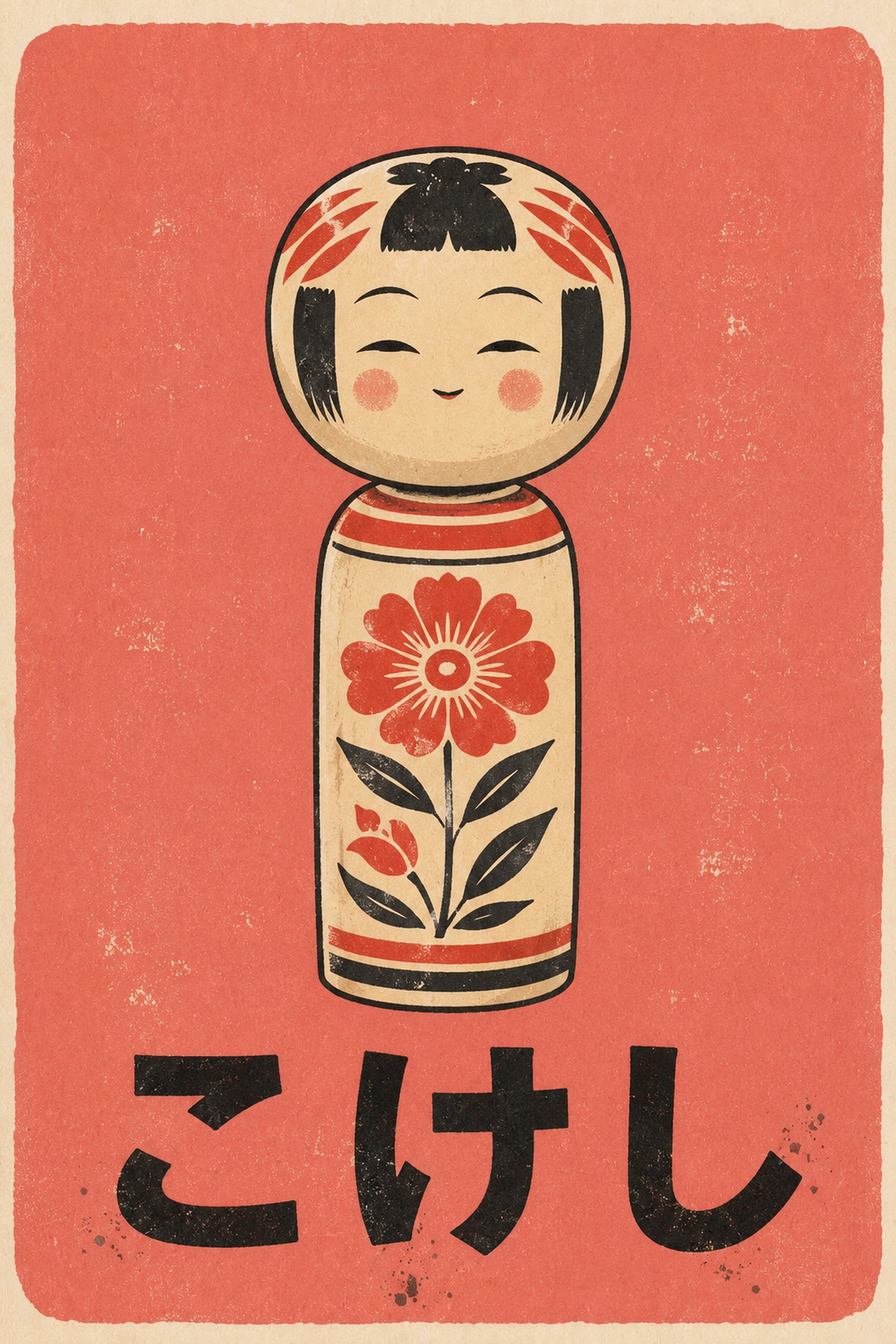 Kokeshi Doll Poster, Serene Japanese Folk Art Print, Minimalist Japan Wall Decor in Multiple Sizes