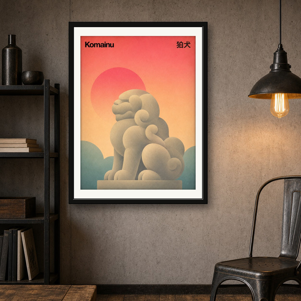 Komainu Guardian Lion Poster, Japanese Serenity Wall Art, Mid-Century Modern Travel Print - corrected 3x4 room mockup