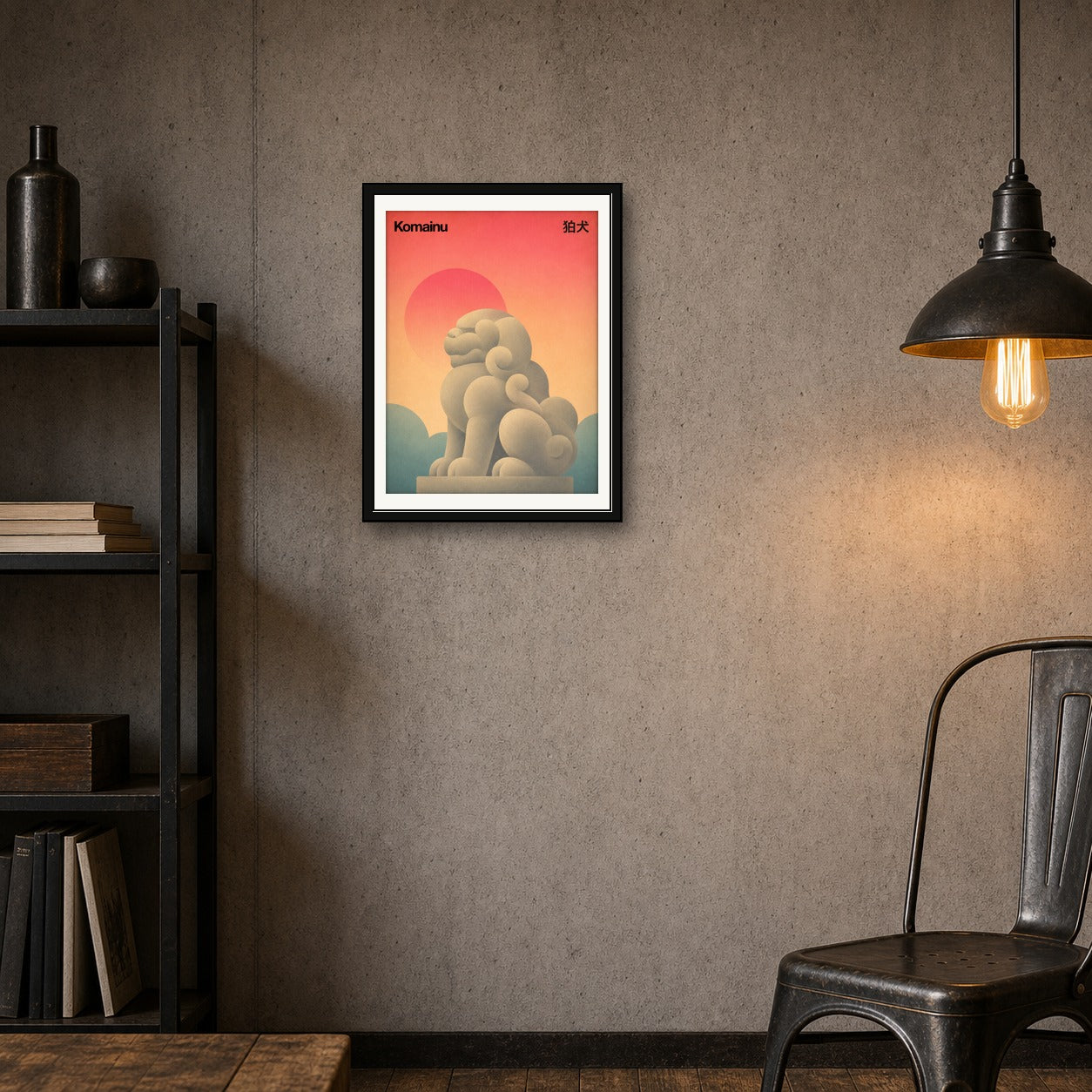Komainu Guardian Lion Poster, Japanese Serenity Wall Art, Mid-Century Modern Travel Print - corrected 3x4 room mockup