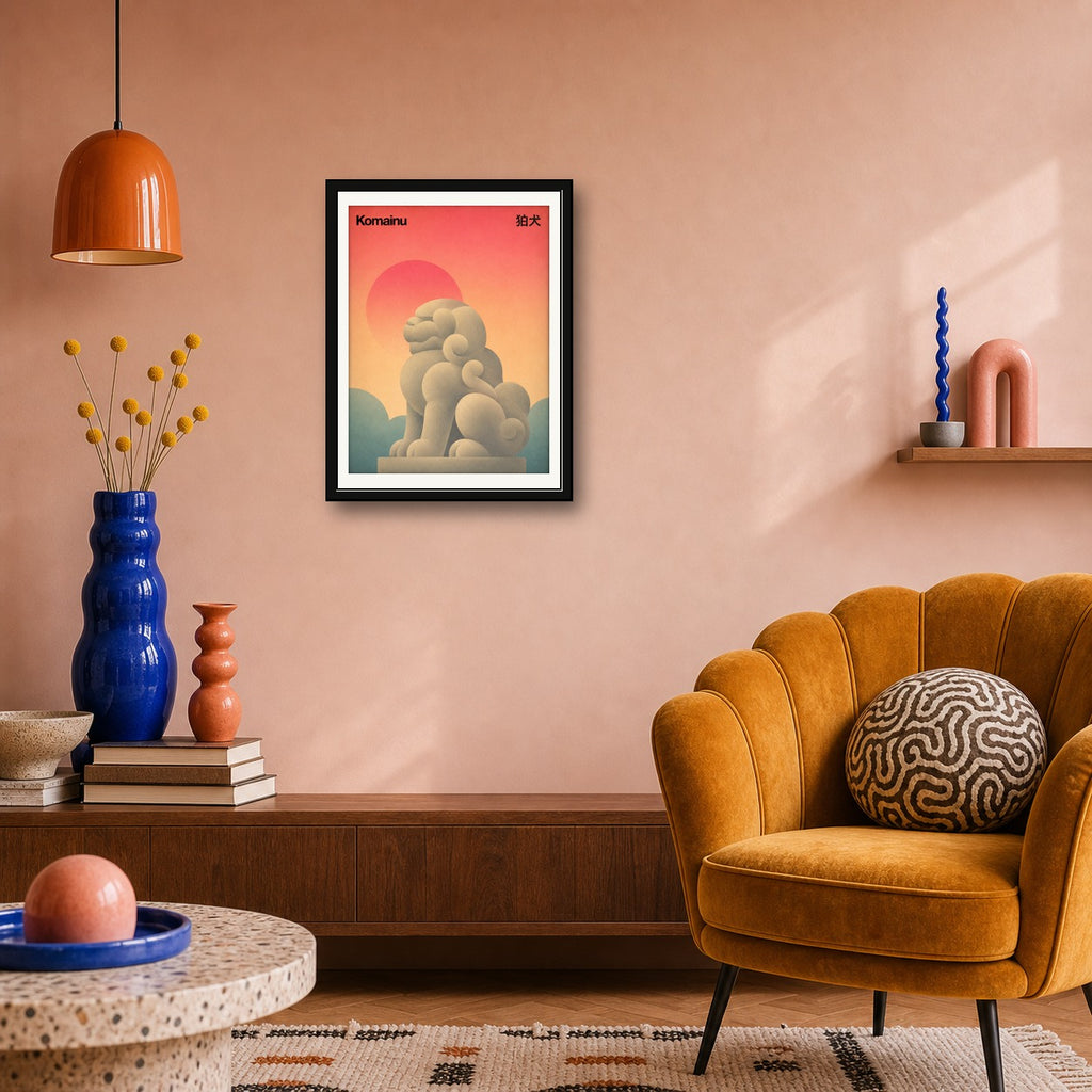 Komainu Guardian Lion Poster, Japanese Serenity Wall Art, Mid-Century Modern Travel Print - corrected 3x4 room mockup