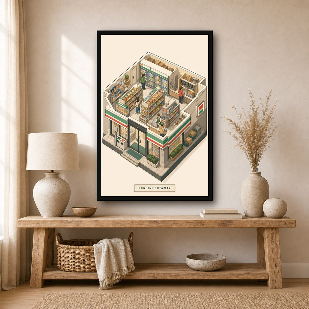 Konbinicutaway Japanese Retro Poster Print - 2x3 room mockup