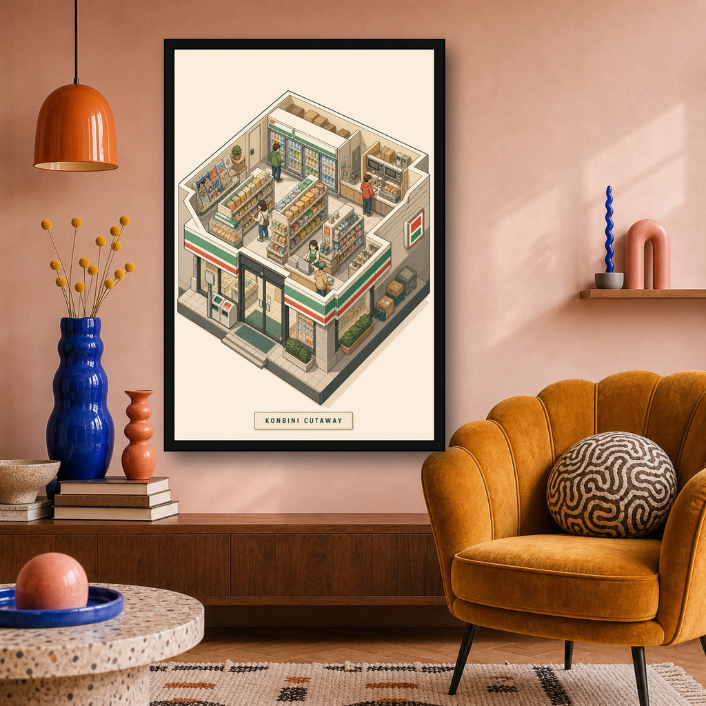 Konbinicutaway Japanese Retro Poster Print - 2x3 room mockup