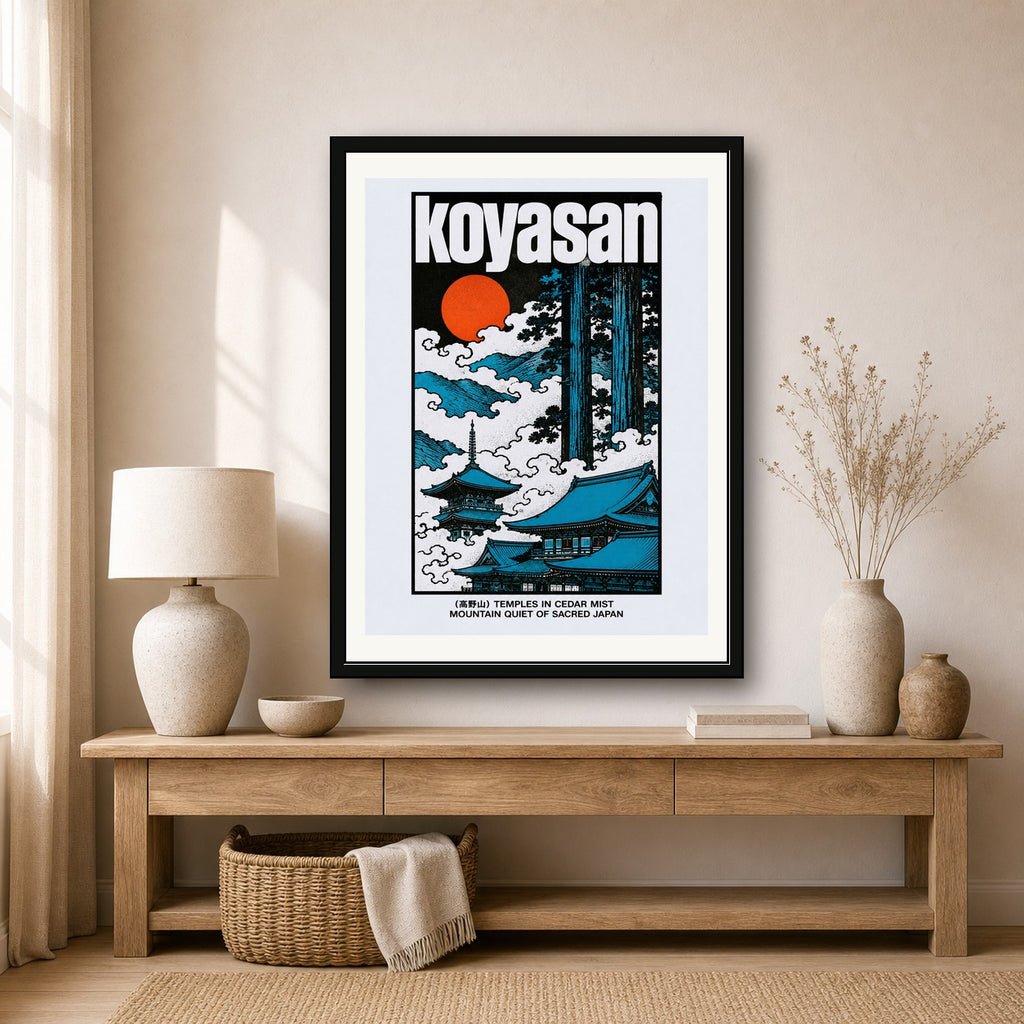 Koyasan Temples Poster, Vintage Japan Travel Wall Art, Serene Blue & Orange Japanese Print - corrected 3x4 room mockup
